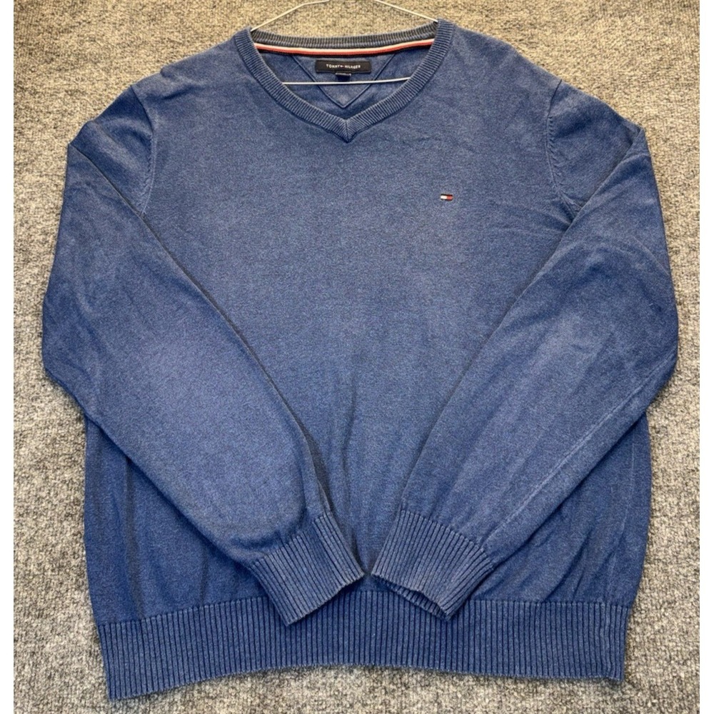 Tommy Hilfiger Men's L Blue V-Neck Cotton Sweater Pullover Flag Logo